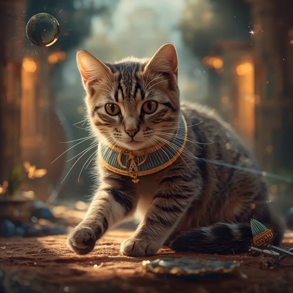 Tabby cat in Egyptian collar, paw raised toward a glowing orb.