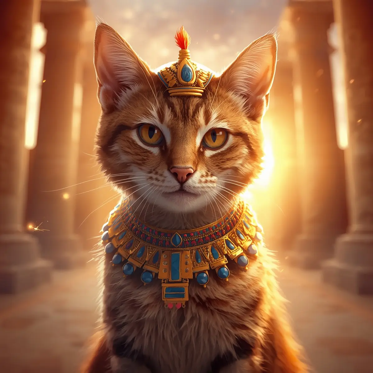 Cat in ornate collar, backlit between stone columns.