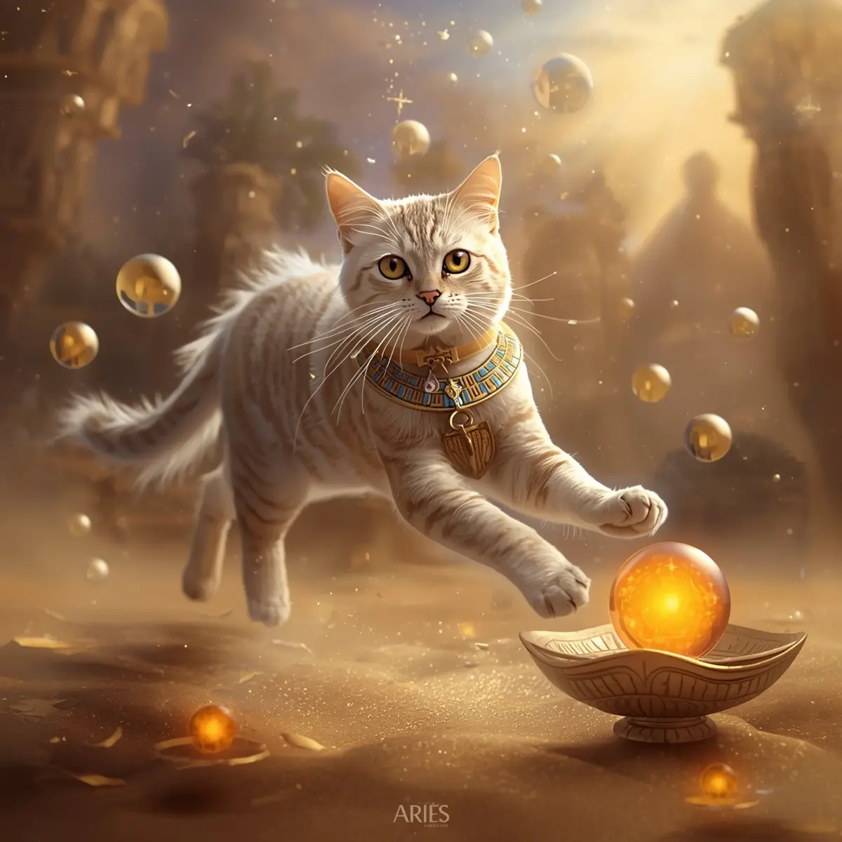 - Egyptian cat leaping toward glowing golden orb