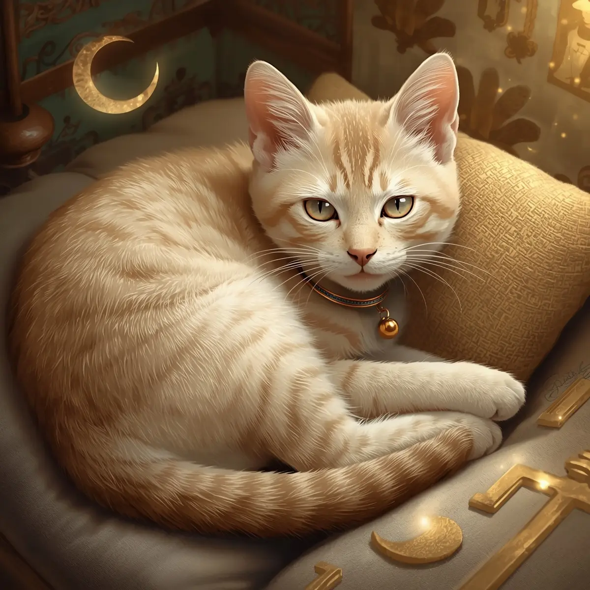 Cream kitten curled on pillow with bell charm.
