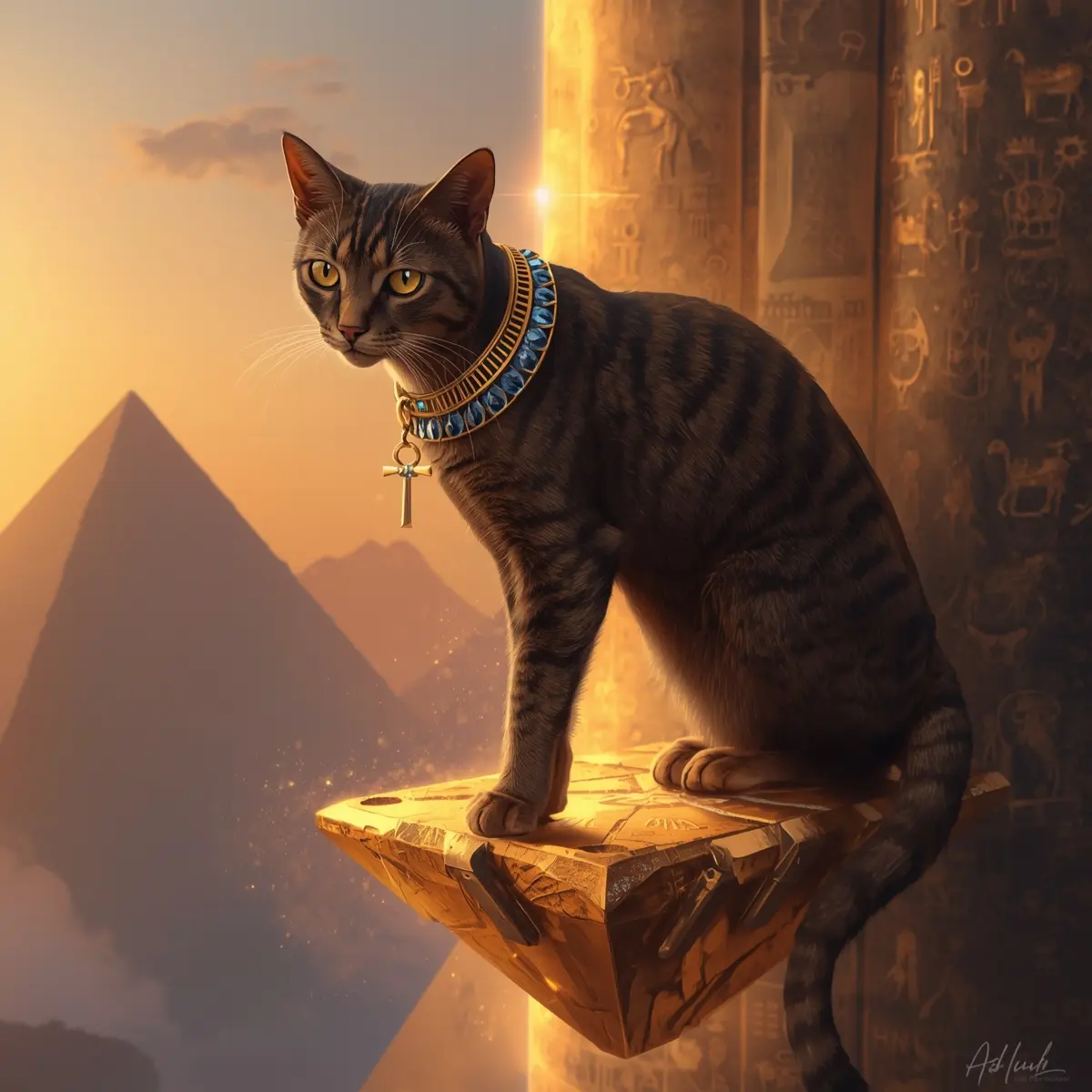 Tabby with blue collar and ankh, pyramids at sunset.