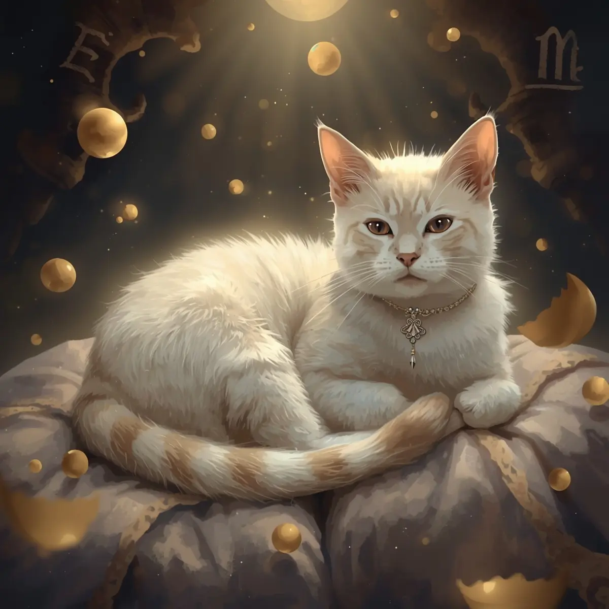 Cream cat on pillow under glowing orbs