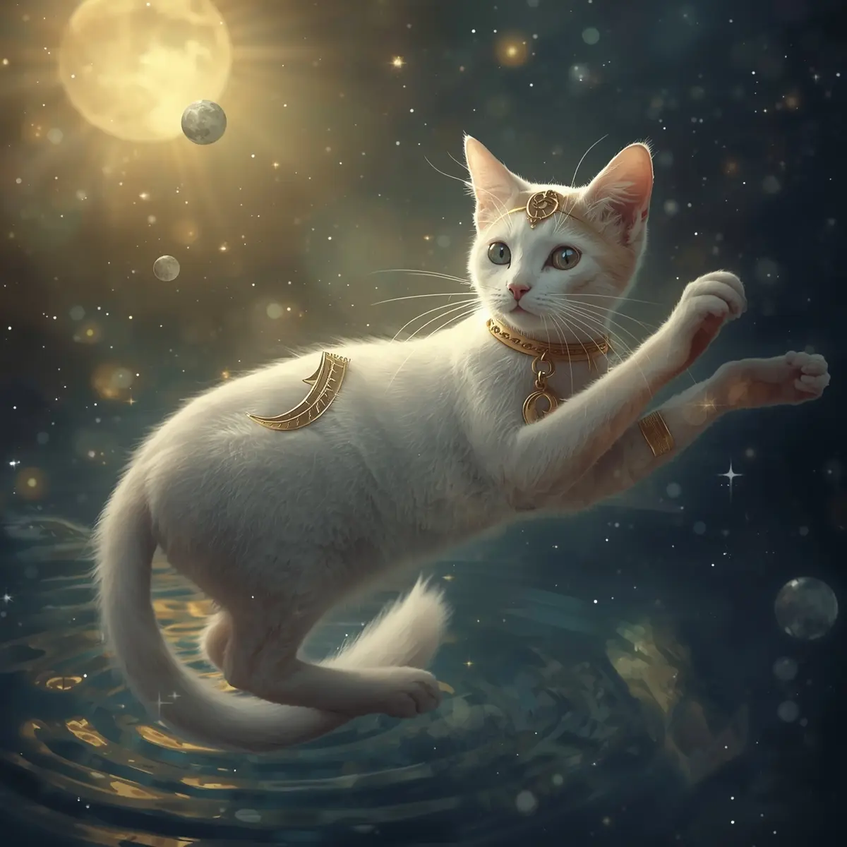 White cat leaping over ripples under a full moon