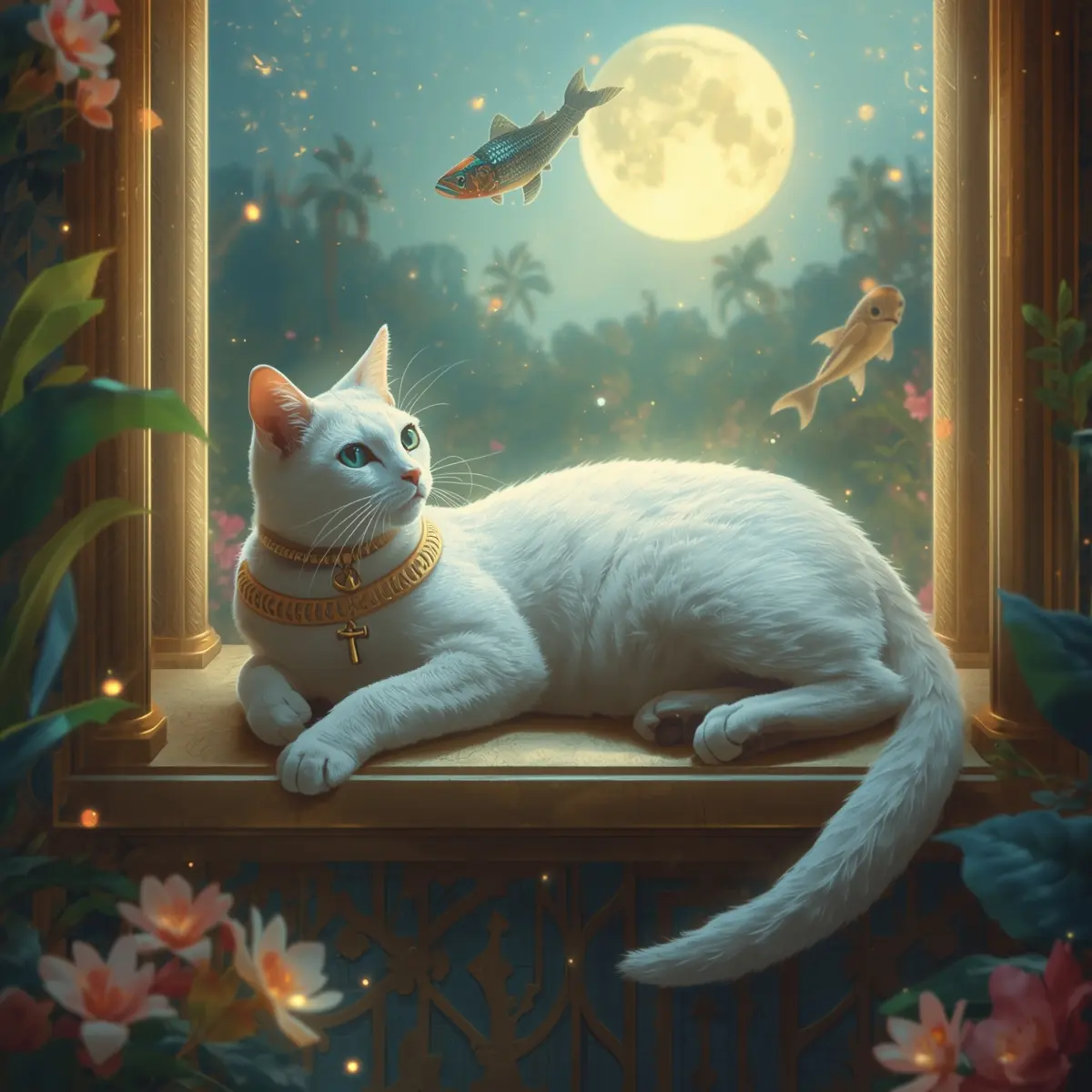 White cat with gold collar watching floating fish under a full moon.