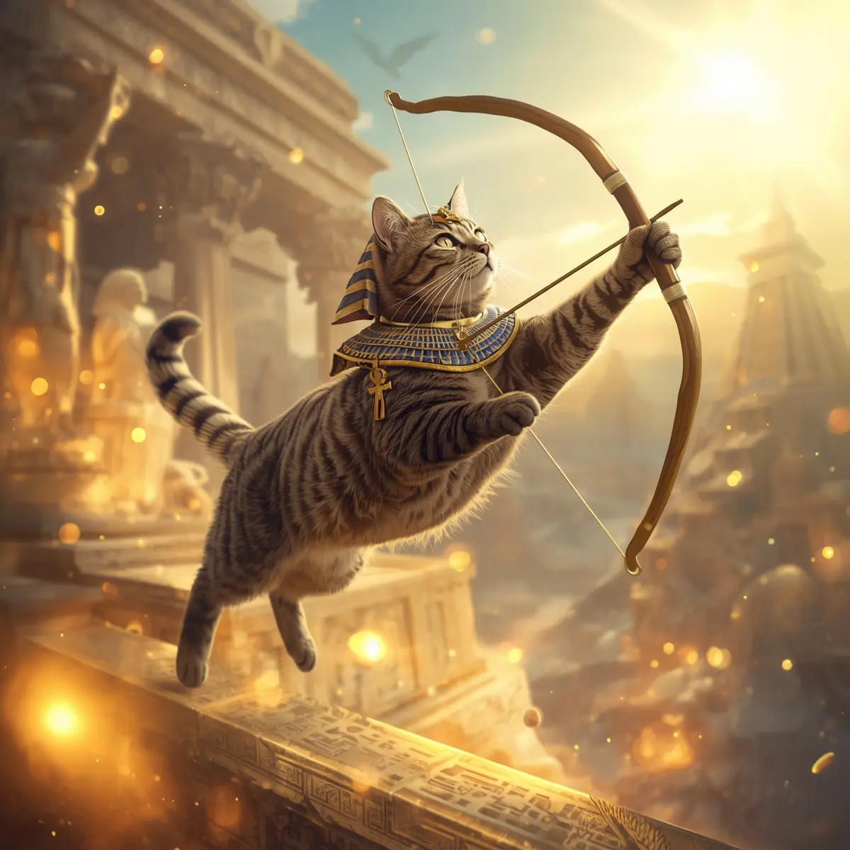 Cat dressed as Egyptian archer, leaping with a bow