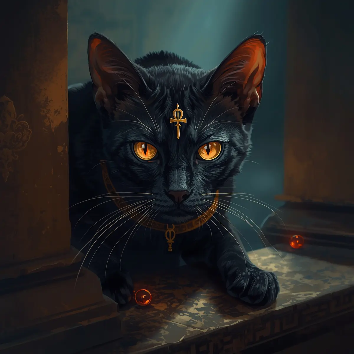 lack cat with ankh headpiece and golden eyes