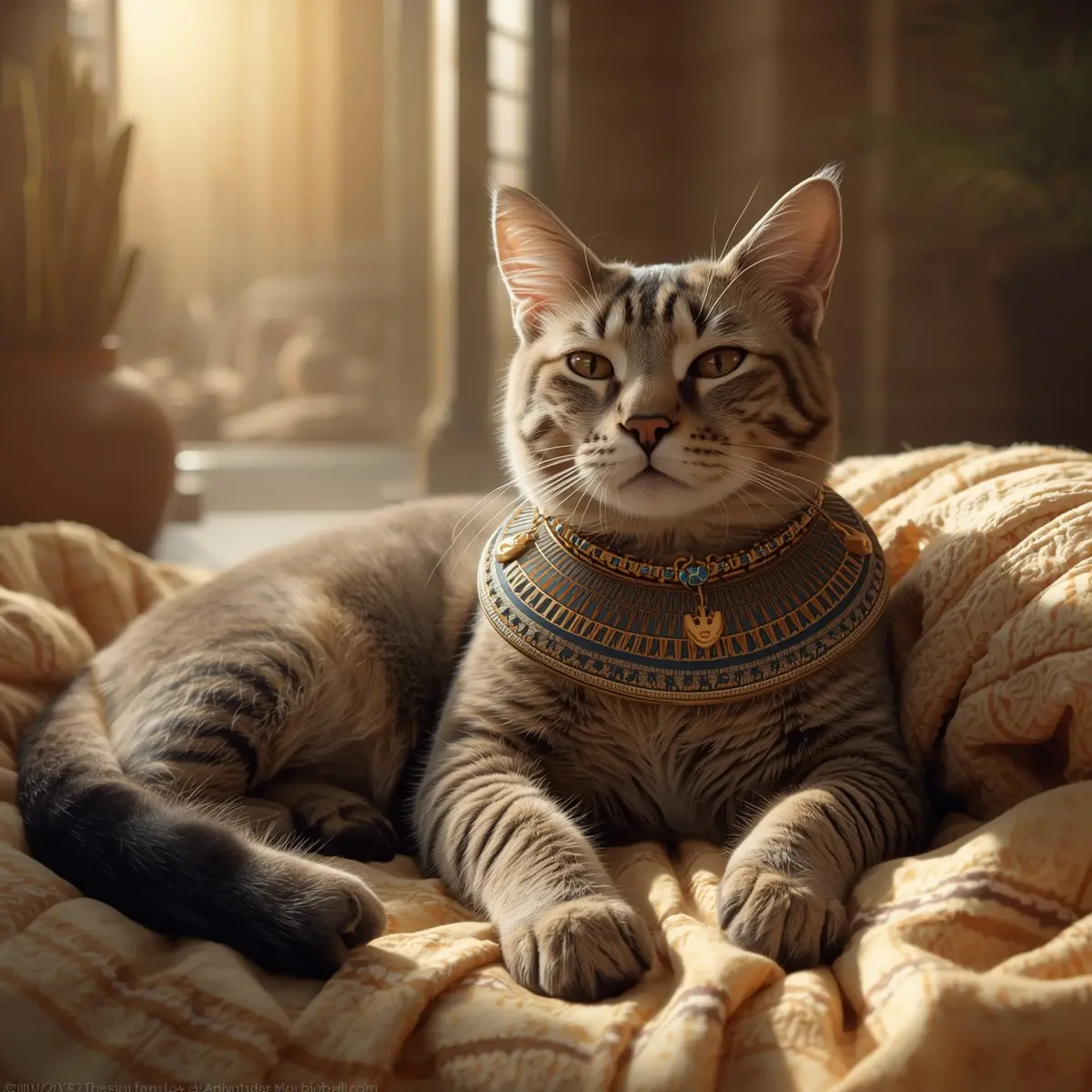 Regal tabby cat lounging on quilt, wearing Egyptian collar