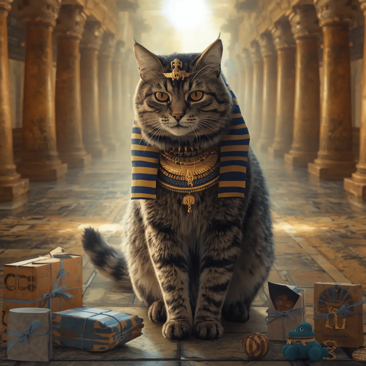 Pharaoh tabby cat sitting in temple with gifts and toys
