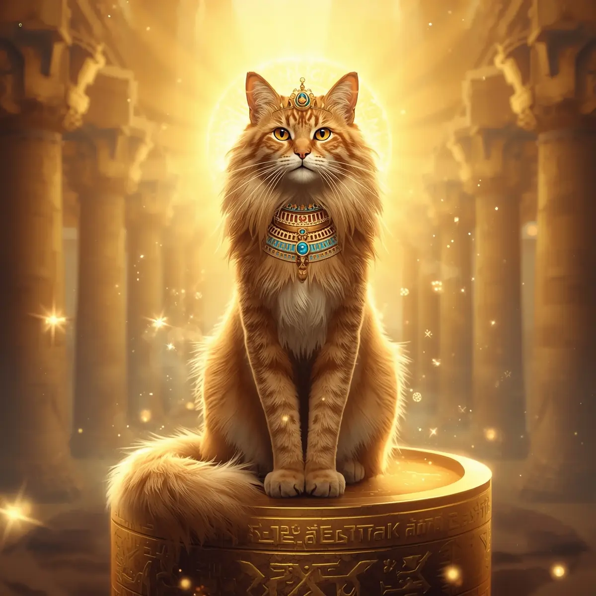Golden long‑haired cat with jeweled collar, haloed in temple.