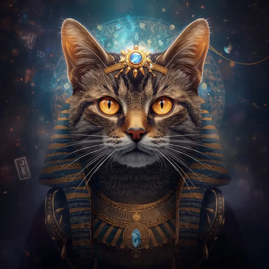 Tabby cat in Egyptian pharaoh costume with ornate collar and mystical symbols