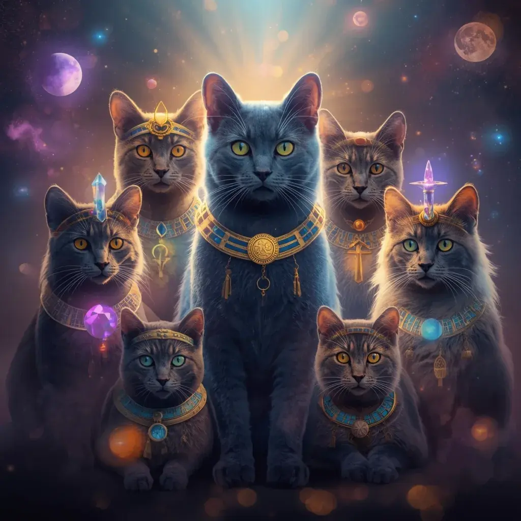 Seven mystical cats with Egyptian accessories in cosmic space setting