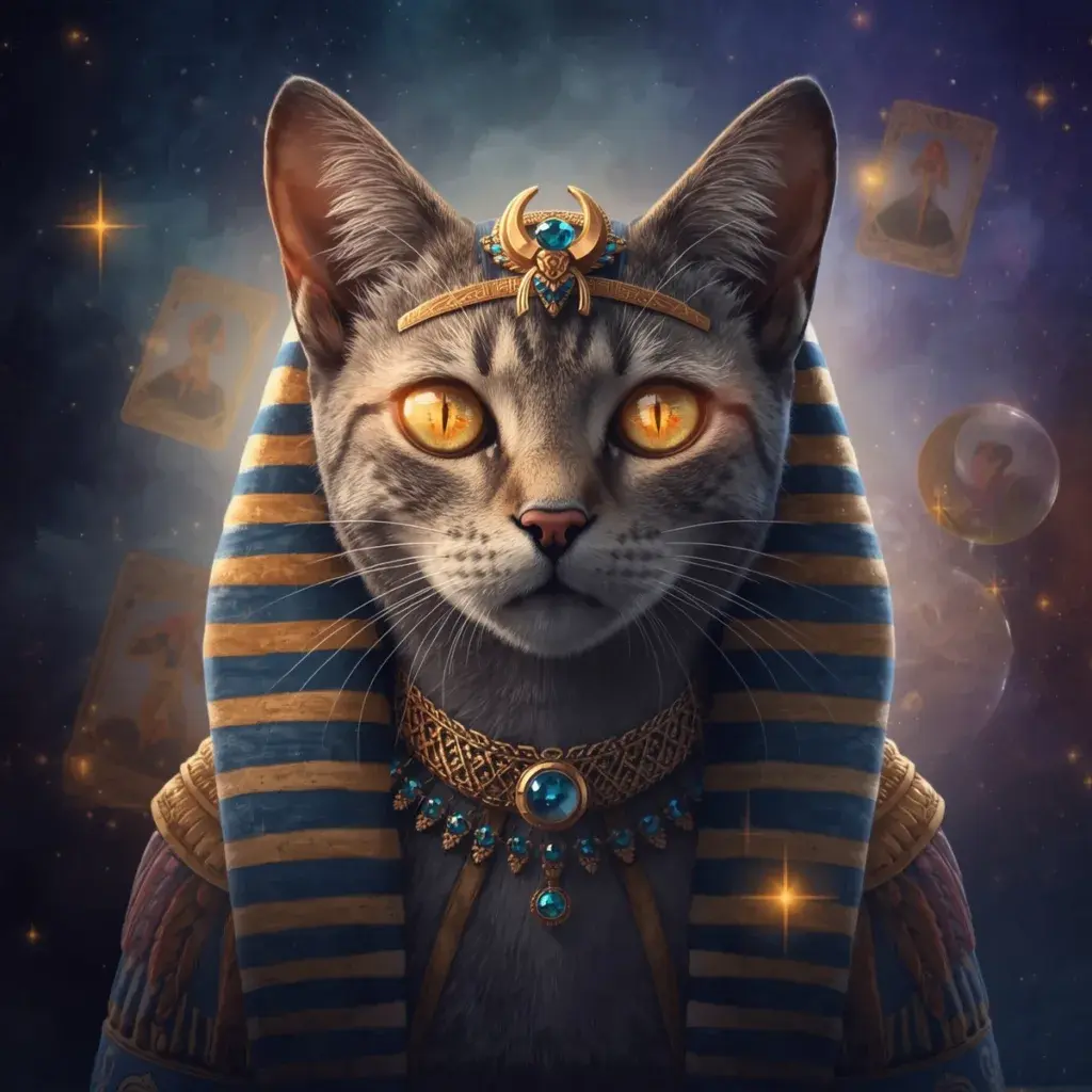 Egyptian cat pharaoh with golden headdress and blue gems against starry background