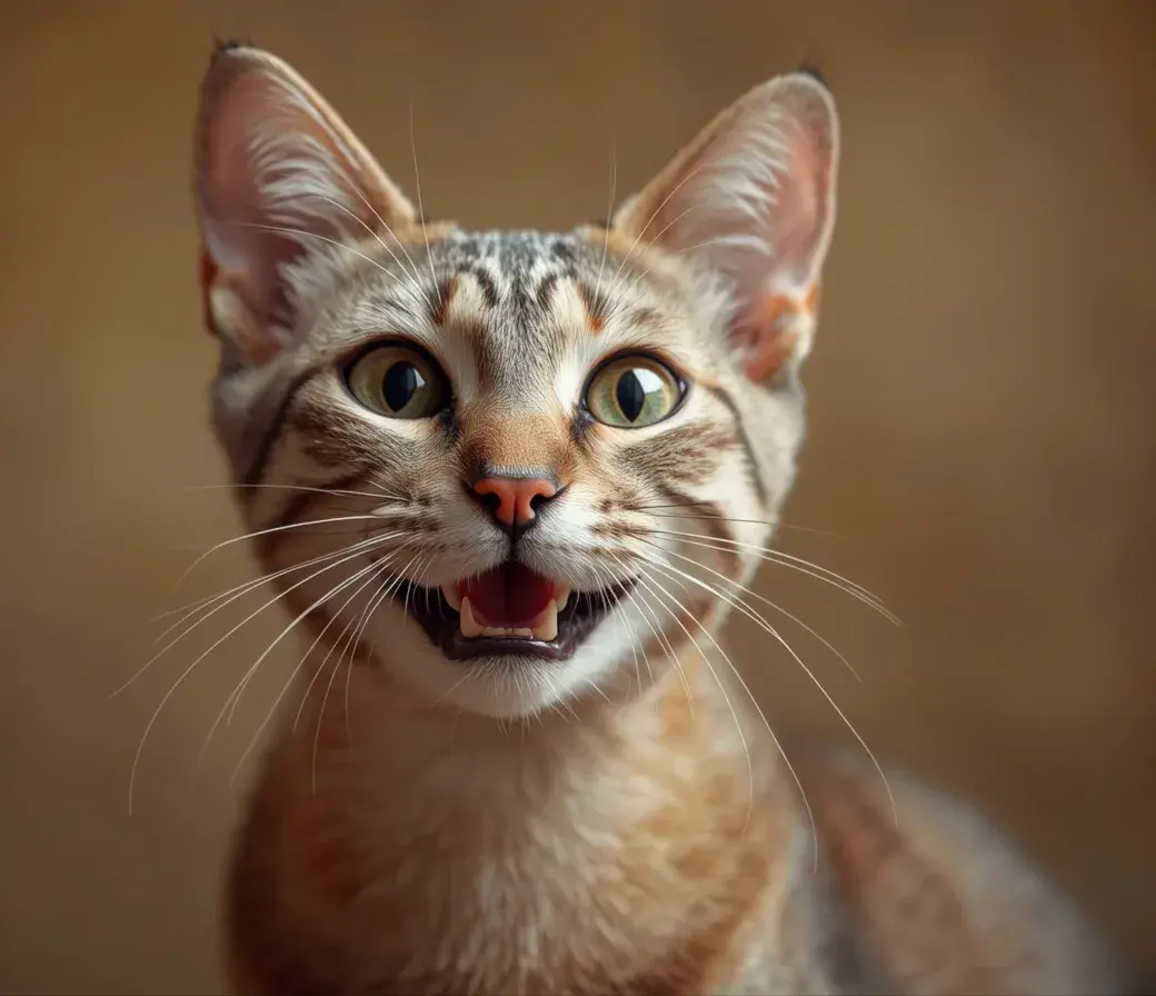 Close-up of surprised tabby kitten with wide green eyes and open mouth